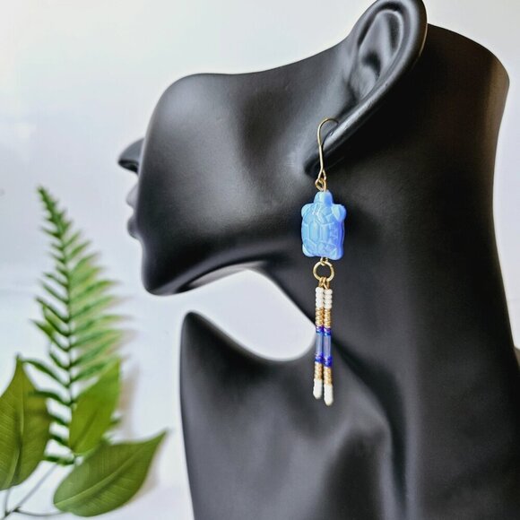 2/$27 | Blue Turtle Beaded Indigenous Native Fringe Earrings | Handmade Jewelry - Picture 5 of 5